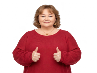 Mature woman red sweater smiling giving thumbs up brown hair gold earrings necklace isolated positive cheerful confident happy casual middle aged front view studio portrait friendly approval