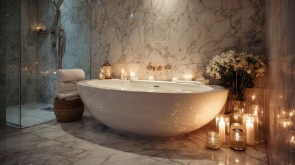 Luxury spa bathroom with freestanding bathtub, marble tiles, soft lighting, and calming decor for a relaxing experience in a serene setting