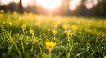 Golden sunlight bathes a field of vibrant yellow wildflowers in the soft light of dawn, creating a peaceful and idyllic scene