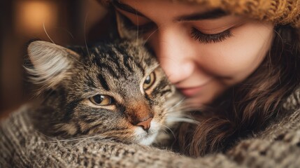 Woman enjoys a cozy moment with her fluffy pet cat while embracing and showing love during a quiet indoor day
