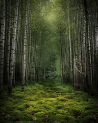 Obraz premium Enchanting forest path leading to a mysterious ornate gate bathed in soft sunlight