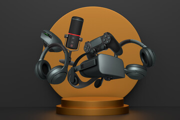 Collection of gaming gadgets like controllers, VR glasses, microphone and headphones over podium on abstract pastel background