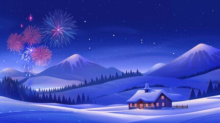 Winter landscape scene with fireworks over snow covered mountains at night
