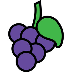 Illustration of a Bunch of Purple Grapes with a Green Leaf and Stem on a Transparent Background Simple Flat Design