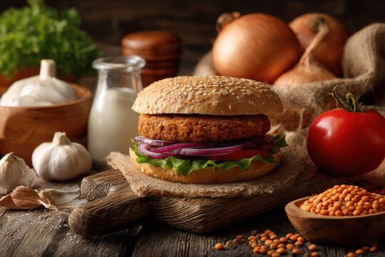Vegan burger with fresh ingredients on a rustic wooden surface in a cozy kitchen setting, emphasizing healthy eating and plant-based options