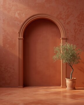 Minimalist architectural scene with an arched doorway, terracotta walls, and a potted olive tree