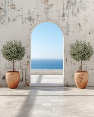 Obraz premium Mediterranean Archway Framing a Serene Ocean View with Potted Olive Trees