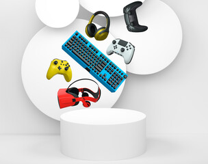 Gaming controllers, keyboard, headset, VR gear, and mouse floating above podium, digital art style, with abstract backdrop