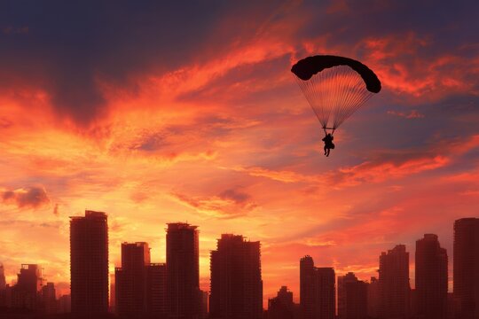 Silhouette of a male parachutist gliding through a vibrant sunset over a city skyline filled with tall buildings