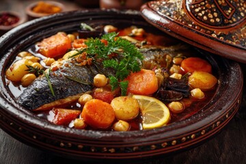 Traditional Moroccan fish tagine with vegetables served in an ornate terracotta dish, showcasing the rich culinary heritage of Morocco during a communal dining setting