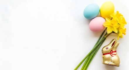 Fototapeta premium Easter Eggs Daffodils and Chocolate Bunny on White Background flowers spring