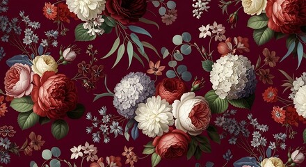 Vintage floral pattern with roses, hydrangeas, and foliage in deep burgundy, cream, and green hues, creating a romantic and elegant design