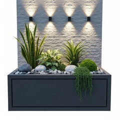 Modern planter box, lush plants, stone wall, elegant uplights