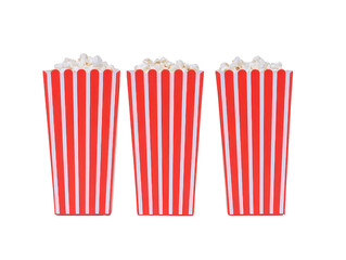 Three red and white striped popcorn containers filled with fresh popcorn, isolated on transparency background, evoke fun and nostalgic movie theater atmosphere