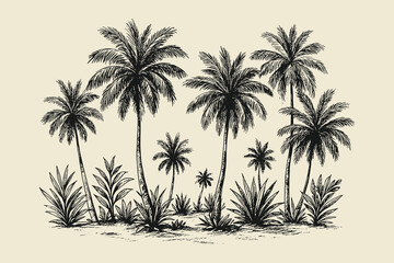 Fototapeta premium Tropical palm trees landscape vintage sketch vector for travel posters, beach decor, and summer design themes