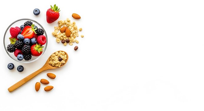 Healthy Breakfast Bowl of Berries Granola and Almonds on White