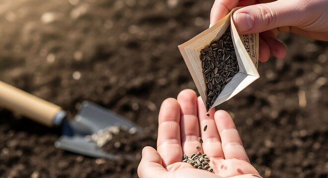 Hands planting seeds in soil with a garden trowel nearby - Powered by Adobe