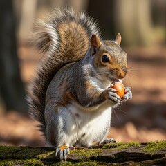 Curious grey squirrel holding a single acorn on a mossy log.