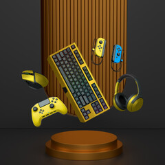 Gaming keyboard, mouse, controllers, and headphones floating above podium on abstract pastel background, symbolizing games