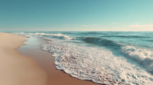 Beautiful clean beach view with gentle waves and calm ocean at sunrise creates a serene atmosphere for relaxation and enjoyment of nature - Powered by Adobe