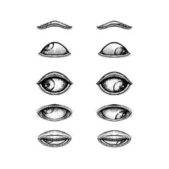various eye expressions, drawn in a vintage stippling style. Each pair of eyes showcases different positions of the eyelids and pupils, highlighting subtle emotional variations and anatomical details.
