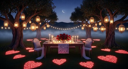 Romantic Outdoor Dinner Setting Under Moonlit Trees with Heart Petals