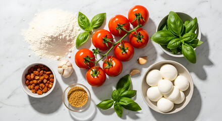 Fresh ingredients arranged on marble surface for cooking italian cuisine, showcasing tomatoes, mozzarella, basil, flour, and spices in bright, inviting composition.