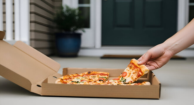 Hand reaching for slice of pizza in cardboard box on front porch of house during delivery, showing convenience and modern lifestyle.