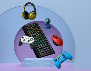 Gaming keyboard, mouse, controllers, web camera and headphones floating above podium on abstract background, symbolizing games