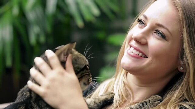 Close-up video of magnificent brown tabby cat purring on young caucasian woman's lap, hand gently stroking, soft smile, blurred green plants background. Heartwarming pet bonding.