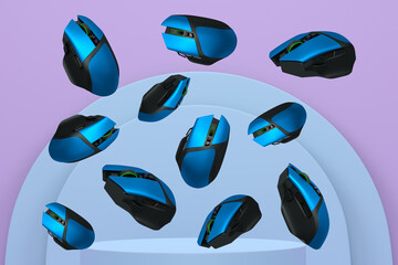 Gaming mice floating in various angles over podium and abstract background, concept of gaming technology