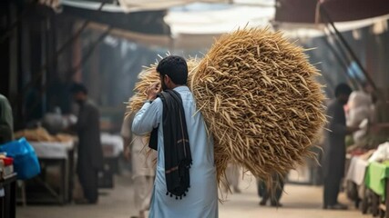 Man carries large bundle of wheat on shoulder in outdoor market scene view