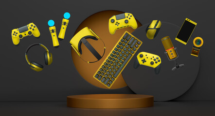 Multiple gaming devices and accessories floating above podium against abstract background, concept of modern gaming tech