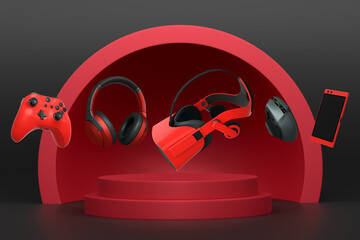 Collection of gaming gadgets like controllers, VR glasses, phone and headphones over podium on abstract pastel background