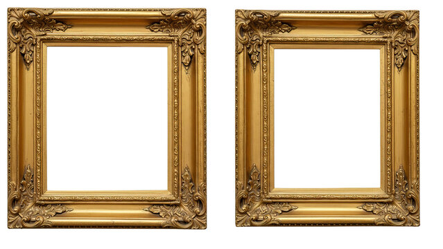 Elegant gold frame duo with symmetrical carved detailing, traditional artistic style, and refined antique goldwork.