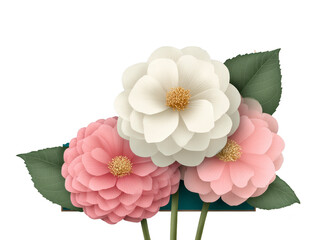 White and pink camellia flowers with green leaves, delicate paper art style, elegant floral arrangement, soft pastel colors, nature inspired, romantic and peaceful mood