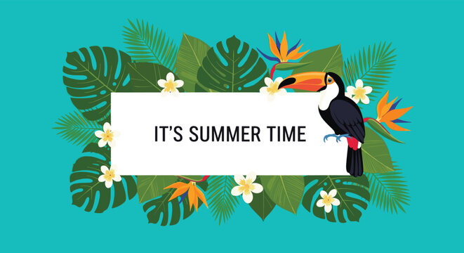 It is summer time with tropical leaves and toucan.