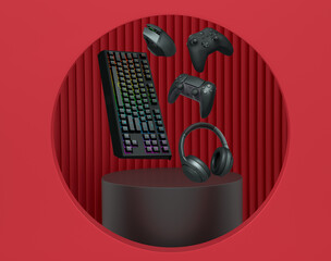 Gaming keyboard, mouse, controllers, and headphones floating above podium on abstract pastel background, symbolizing games