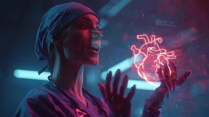 Future of Healthcare: A determined surgeon, illuminated by futuristic digital projections, explores a three-dimensional heart model, representing the dawn of advanced medical technology. - Powered by Adobe