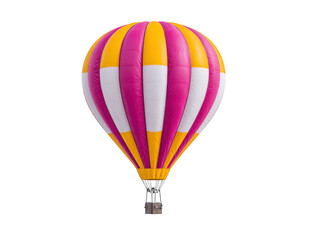 Obraz premium Colorful hot air balloon with pink, yellow, and white stripes isolated on transparency background, showcasing adventure and travel concept with cheerful and uplifting mood