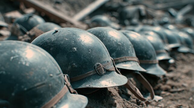 Helmets lined up on a battlefield showcasing military gear in a warzone environment during a training exercise