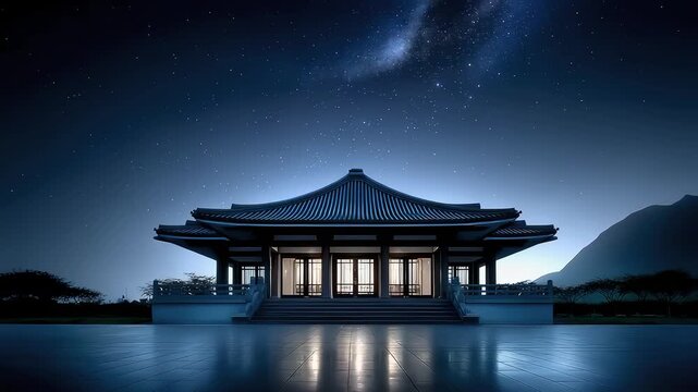 The night view of Tang-style architecture under the starry sky is beautiful and grand