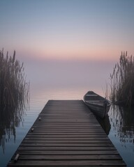 Fototapeta premium Serene lakeside scene with a wooden dock, boat, and soft atmospheric light at sunrise or sunset