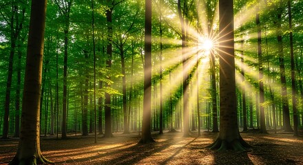 Sunlight streams through the lush green canopy of a dense forest, illuminating the tranquil woodland with golden rays of light