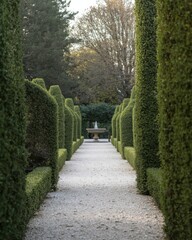 Obraz premium Symmetrical Formal Garden Path with Sculpted Hedges and a Fountain at the End