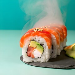 
Freshly steamed sushi roll with avocado and salmon, garnished elegantly, photographed in cinematic studio lighting with rising steam effect.