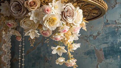 An exquisite floral arrangement cascades from an ornate ceiling fixture with roses and lilies
