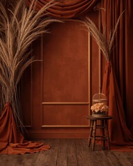 Warm terracotta backdrop with elegant dried grass and floral accents for photography