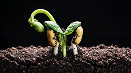 Soybean sprouting out of earth, its delicate stem and tender leaves reaching for the sky, effectively conveying the concept of growth and development, reminiscent of the idea that even the.