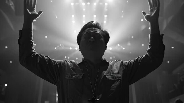 Devout worshiper raising hands in prayer, gazing skyward at luminous light. Deep spiritual devotion, sacred praise, blessed moment of faith, solemn atmosphere prevails.